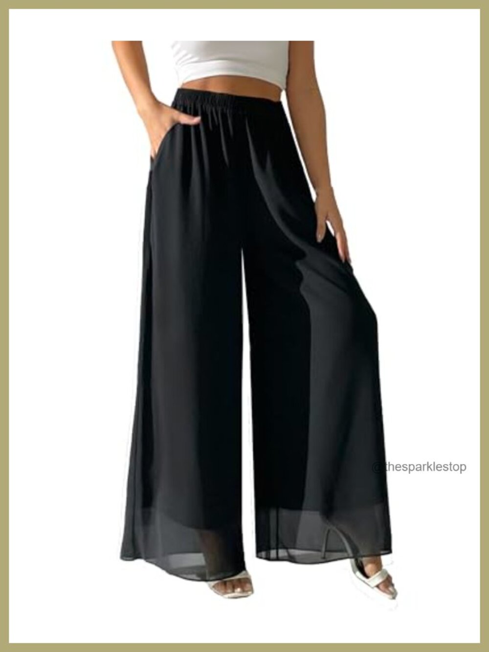 Wide Leg Palazzo Pants Chiffon Flowy High Rise Elastic Waist Pockets